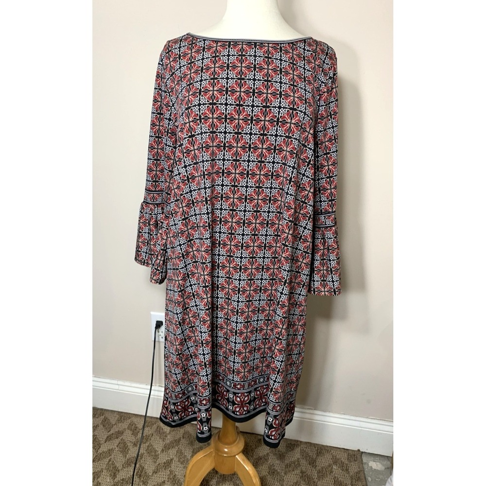 Max Studio Dress Womens XL Black Red Stretch Jersey Shift Geo Print 3/4 Sleeve